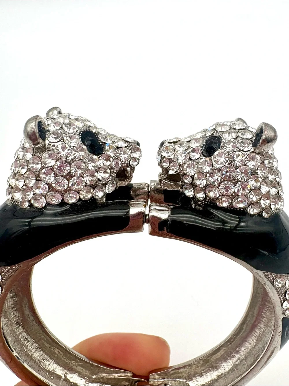 Vintage Rhinestone & Enamel Double Panda Cuff Bracelet